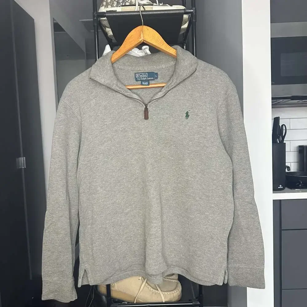 Vintage Polo Ralph Lauren Grey Quarter Zip Pullover Sweater Mock Neck 90s Era L